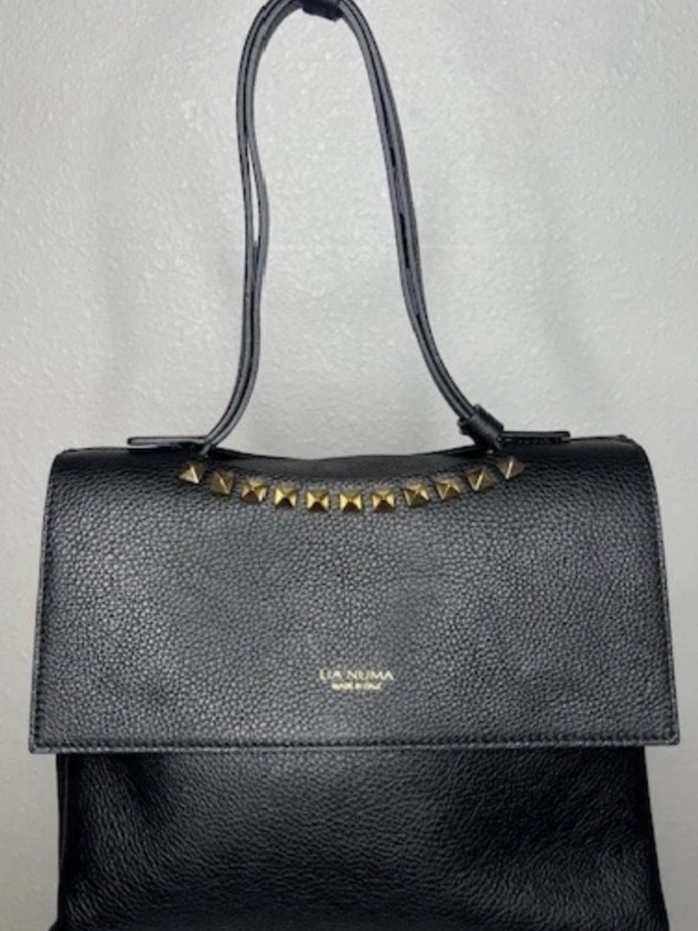 Lia Nina Black Pebbled Leather Top-Handle Bag with Gold Studs NWOT